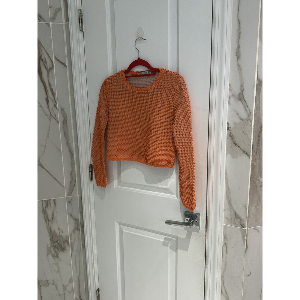Zara Neon Orange Fishnet Cropped Lightweight Sweater Size Small